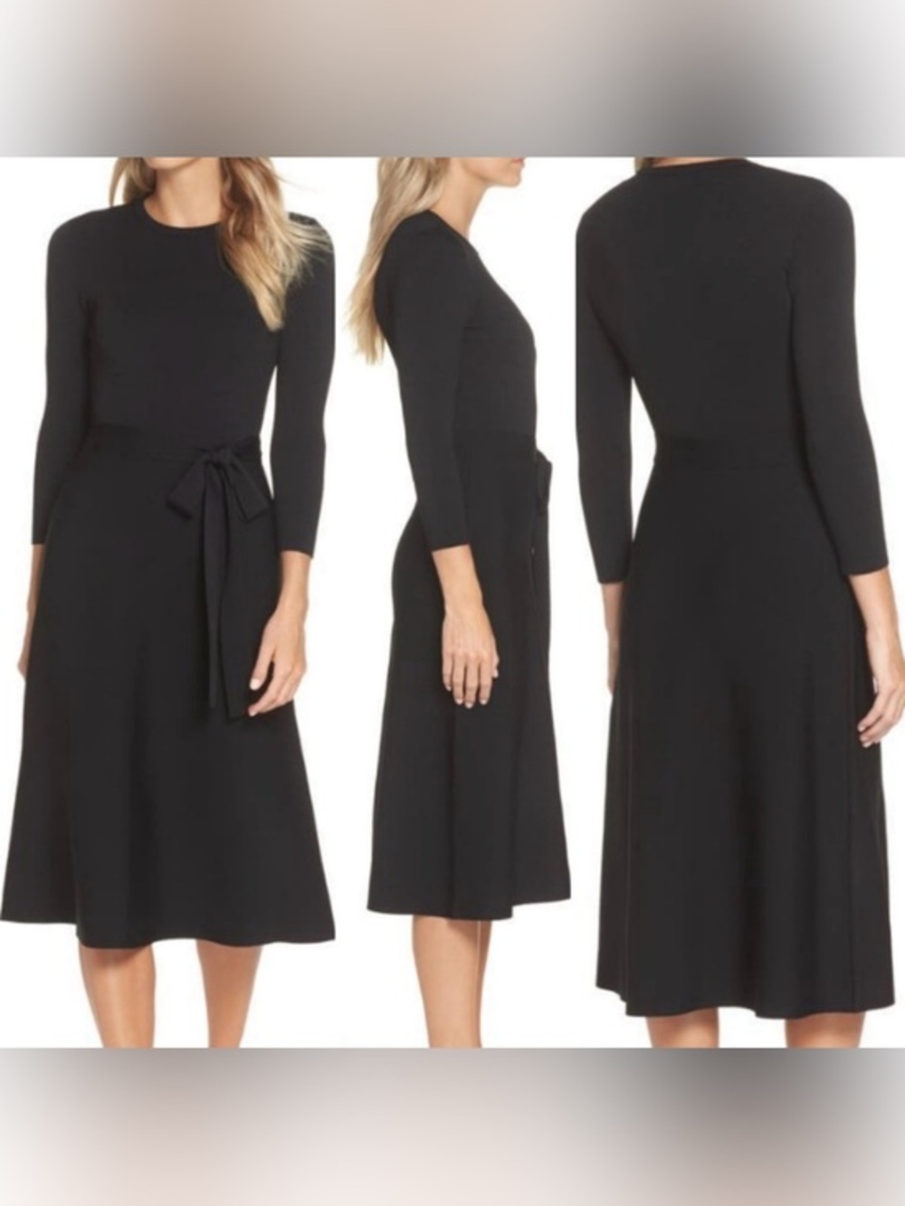 Eliza J Fit and Flare Sweater Dress black midi belted solid neutral classic Sm